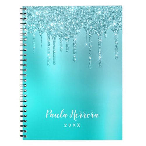 Gorgeous aqua blue mint  turquoise glitter drips notebook