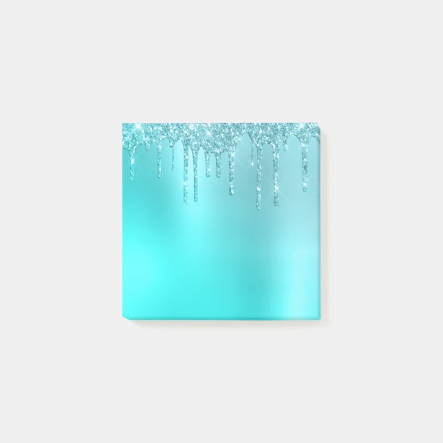 Gorgeous aqua blue mint & turquoise glitter drips post-it notes (Front)