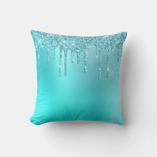 Gorgeous aqua blue mint & turquoise glitter drips throw pillow (Front)