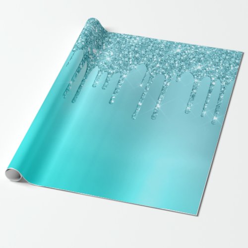 Gorgeous aqua blue mint  turquoise glitter drips wrapping paper