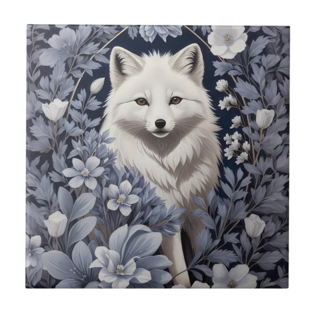 Gorgeous Arctic Fox William Morris Inspired Ceramic Tile (Front)