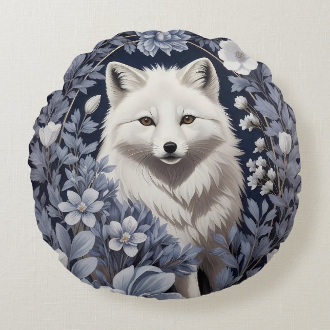 Gorgeous Arctic Fox William Morris Inspired Round Pillow (Front)