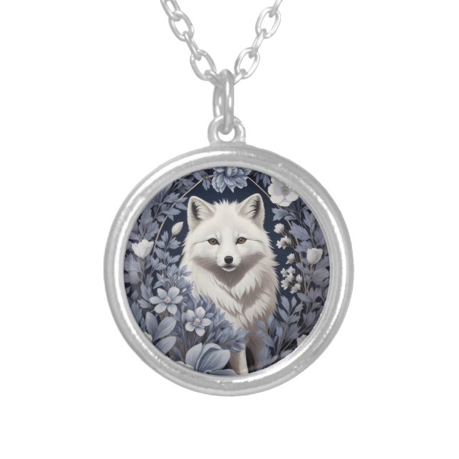 Gorgeous Arctic Fox William Morris Inspired Silver Plated Necklace (Front)