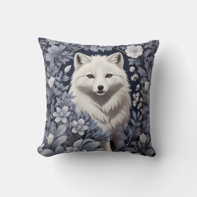 Gorgeous Arctic Fox William Morris Inspired Throw Pillow (Front)