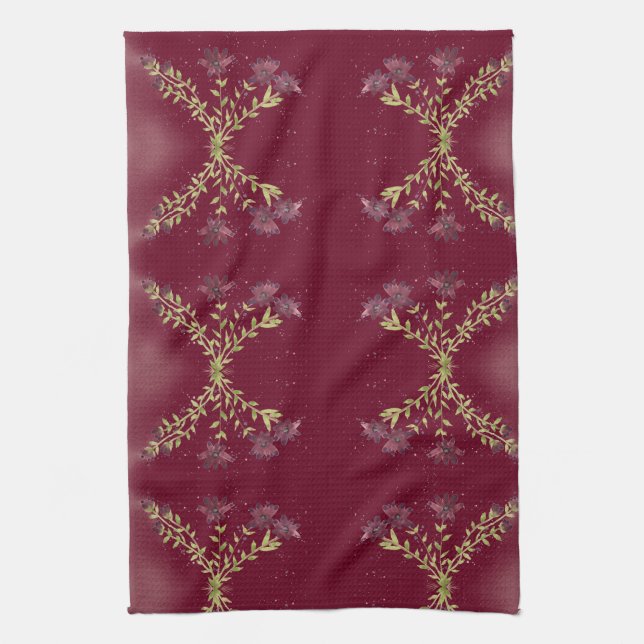 Gorgeous Berry Color Floral Kitchen Tea Towel (Vertical)