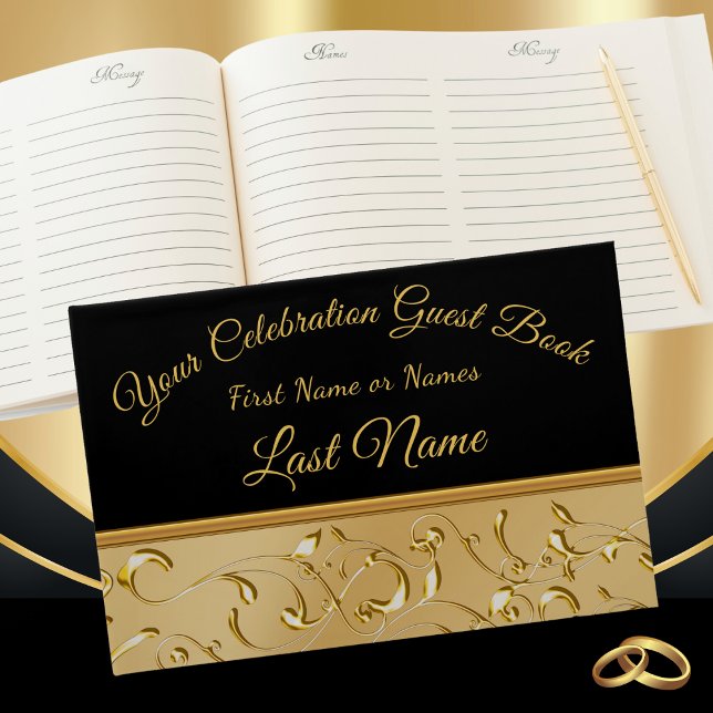 Gorgeous Black and Gold Guest Book, Personalize it Book (50th wedding anniversary guest book. Black and Gold Guest Book. Golden Anniversary Guest Book.)