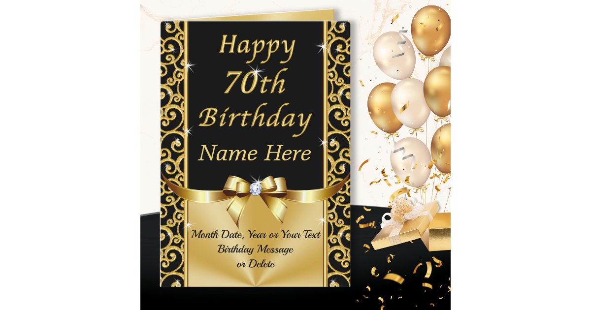 Gorgeous Black and Gold Happy 70th Birthday Cards | Zazzle