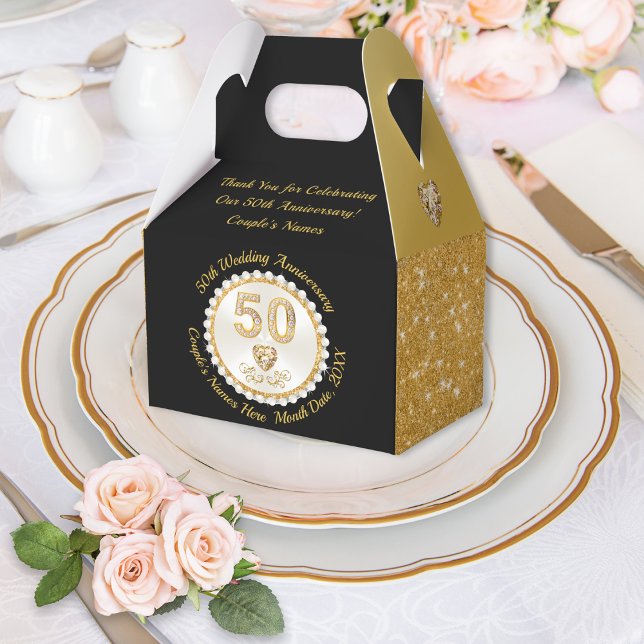 Gorgeous Black Gold, 50th Wedding Anniversary Favor Boxes (50th Wedding Anniversary Party Supplies. Golden wedding anniversary ideas. 50th anniversary favors.)
