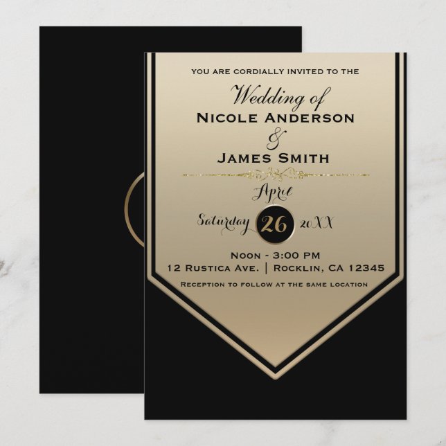 Gorgeous Black & Gold Shine Classy Wedding Invitation (Front/Back)