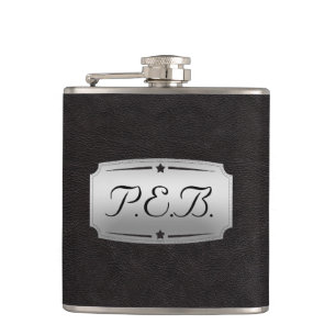 Gorgeous Black Leather and Silver Printed Monogram Hip Flask