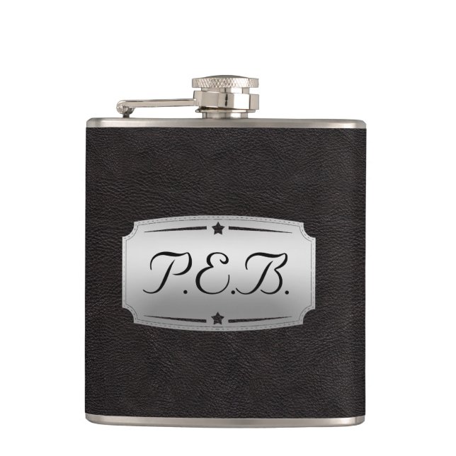 Gorgeous Black Leather and Silver Printed Monogram Hip Flask (Front)