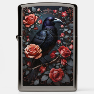Gorgeous Black Raven Rose Garden Zippo Lighter