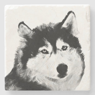 Gorgeous Blk & Wht Siberian Husky Marble Coaster