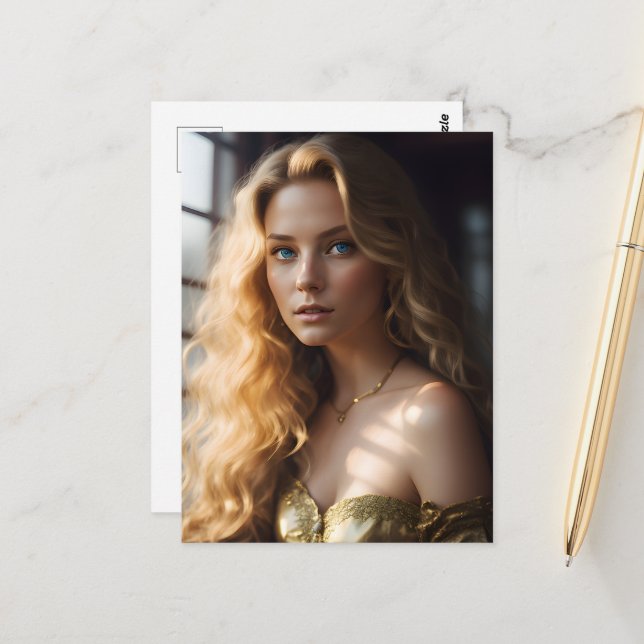 Gorgeous Blond in a Gold Dress  Postcard (Front/Back In Situ)