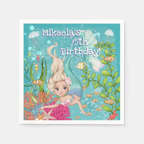 Gorgeous Blonde Mermaid Under the Sea Birthday Napkins