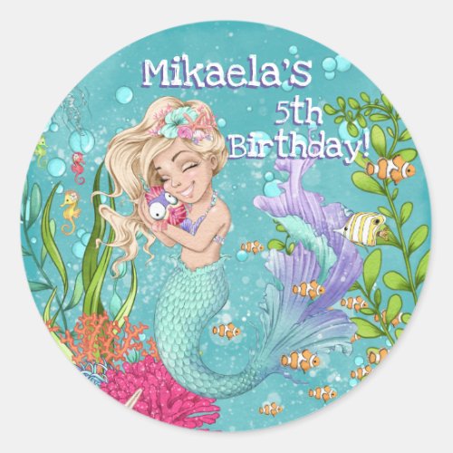 Gorgeous Blonde Turquoise Purple Mermaid Birthday  Classic Round Sticker