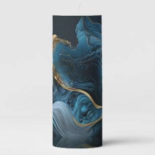 Gorgeous Blue and Gold Marbled Pillar Candle