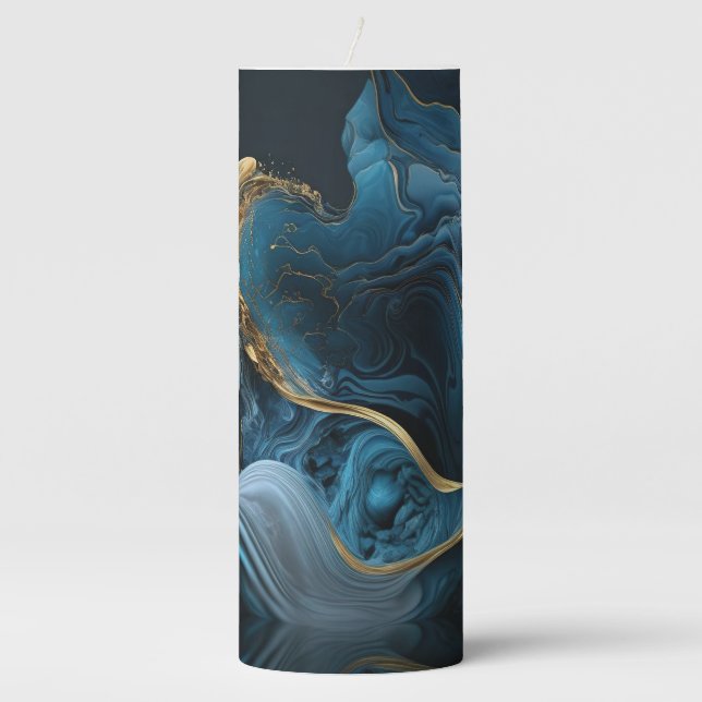 Gorgeous Blue and Gold Marbled Pillar Candle (Front)