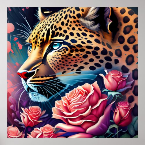 Gorgeous Blue Eyed Leopard with Roses Painting Poster