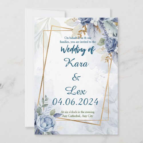 Gorgeous Blue Flowers with Gold Accent Framing  Invitation