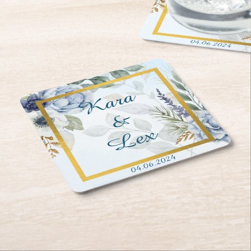 Gorgeous Blue Flowers with Gold Accent Framing  Square Paper Coaster