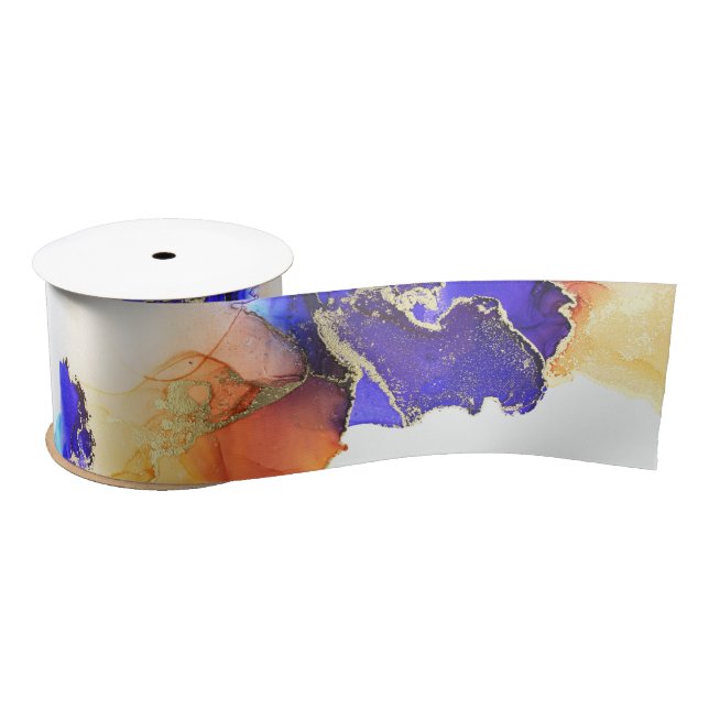 Gorgeous Blue Gold Orange Abstract Satin Ribbon (Spool)