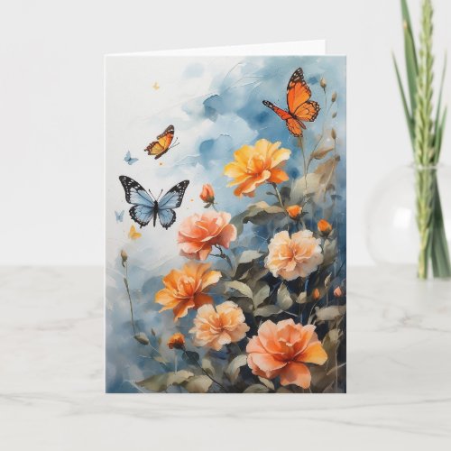 Gorgeous Blue Orange Butterflies and Flowers Blank Card