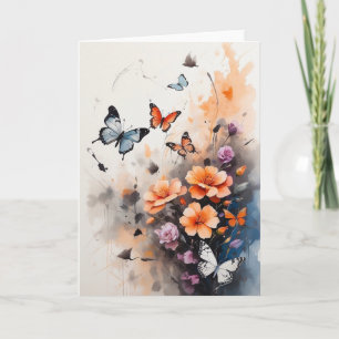 Gorgeous Blue Orange Butterflies Florals Blank Card