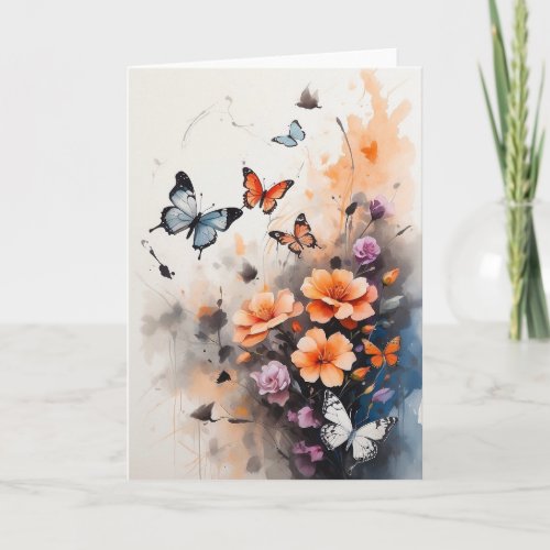 Gorgeous Blue Orange Butterflies Florals Blank Card