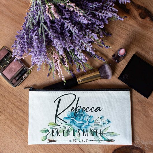 Gorgeous Blue Rose Floral Canvas Cosmetic Bag (Front)