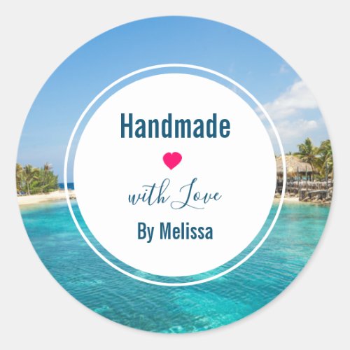 Gorgeous Blue Tropical Beach Handmade with Love Classic Round Sticker