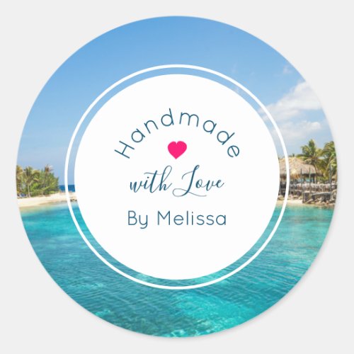 Gorgeous Blue Tropical Beach Handmade with Love Classic Round Sticker