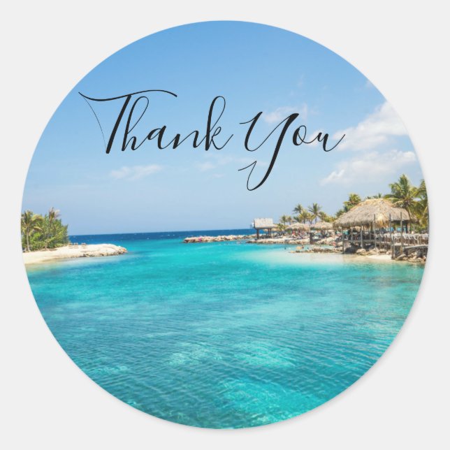 Gorgeous Blue Tropical Beach Photo Thank You Classic Round Sticker (Front)