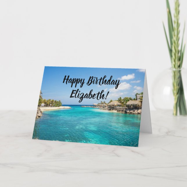 Gorgeous Blue Tropical Beach with Thatched Huts Card (Front)