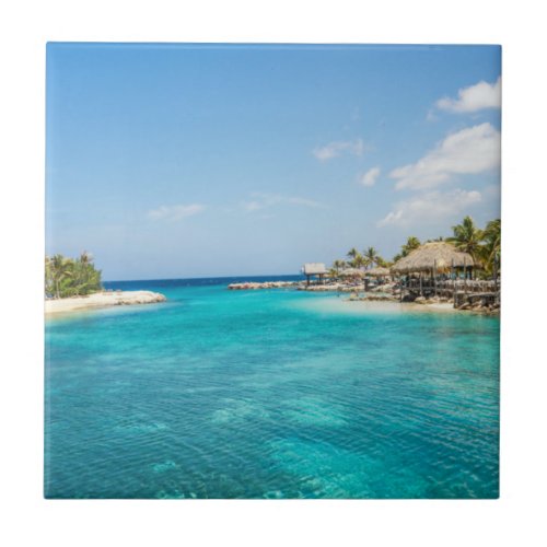 Gorgeous Blue Tropical Beach with Thatched Huts Ceramic Tile