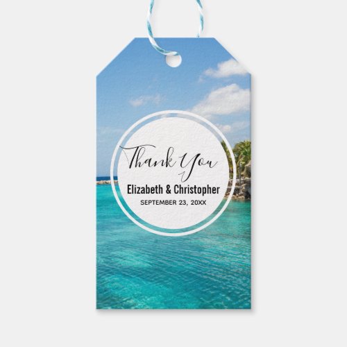 Gorgeous Blue Tropical Beach with Thatched Huts Gift Tags