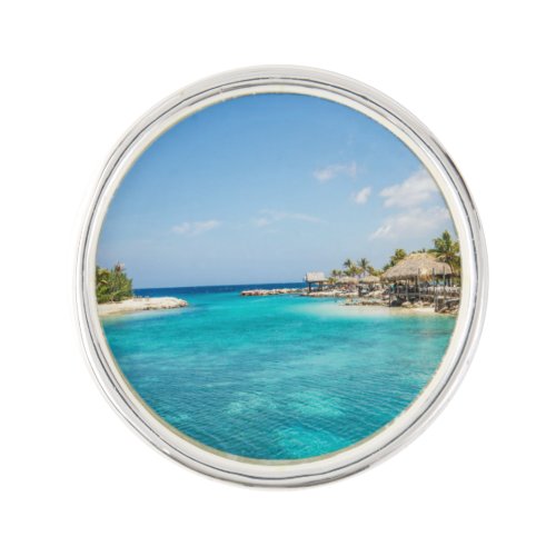 Gorgeous Blue Tropical Beach with Thatched Huts Lapel Pin