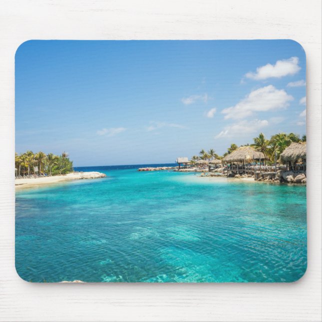 Gorgeous Blue Tropical Beach with Thatched Huts Mouse Pad (Front)
