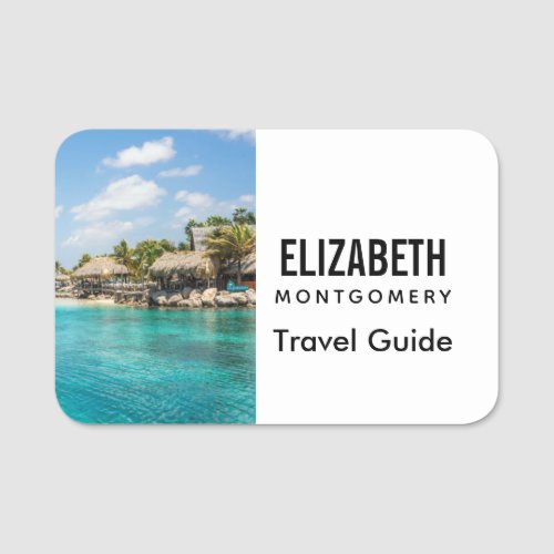 Gorgeous Blue Tropical Beach with Thatched Huts Name Tag