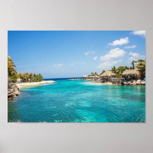 Gorgeous Blue Tropical Beach with Thatched Huts Poster