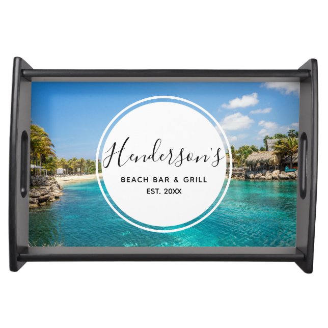 Gorgeous Blue Tropical Beach with Thatched Huts Serving Tray (Front)