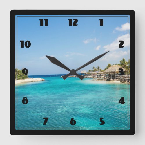 Gorgeous Blue Tropical Beach with Thatched Huts Square Wall Clock