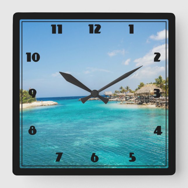 Gorgeous Blue Tropical Beach with Thatched Huts Square Wall Clock (Front)