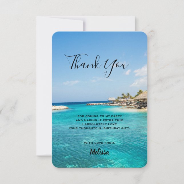 Gorgeous Blue Tropical Beach with Thatched Huts Thank You Card (Front)
