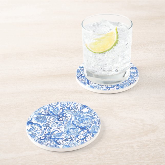 Gorgeous Blue White Floral Paisley Art Pattern Drink Coaster (Side)