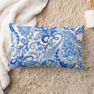 Gorgeous Blue White Floral Paisley Art Pattern Lumbar Pillow