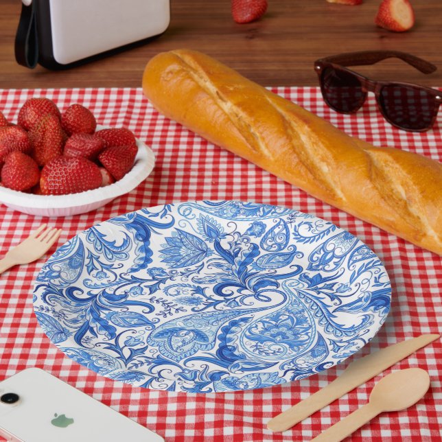 Gorgeous Blue White Floral Paisley Art Pattern Paper Plates (Picnic)
