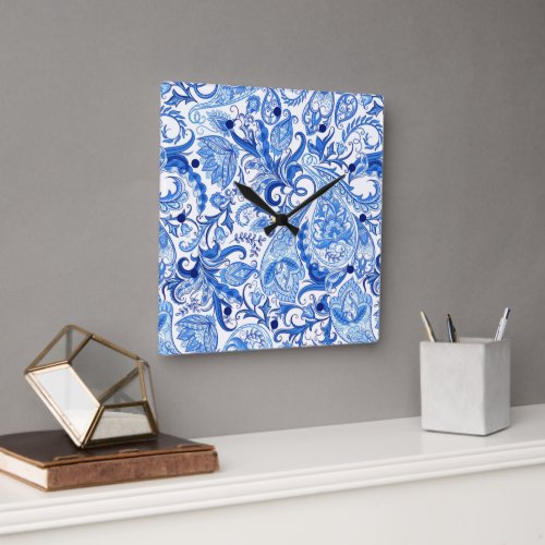 Gorgeous Blue White Floral Paisley Art Pattern Square Wall Clock