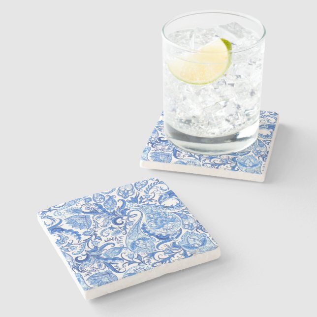 Gorgeous Blue White Floral Paisley Art Pattern Stone Coaster (Side)