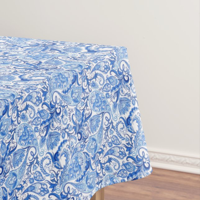 Gorgeous Blue White Floral Paisley Art Pattern Tablecloth (In Situ)